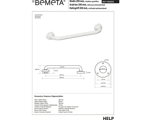 Bemeta madlo 200 mm s krytkou a gumičkou, technický nákres