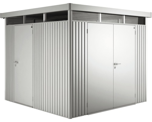 Kovový záhradný domček s dvojkrídlovými a jednokrídlovými dverami na záhradné náradie