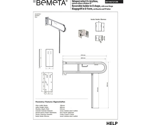 Technický nákres sklopnej rukoväte v tvare U z nehrdzavejúcej ocele s rozetou a držiakom