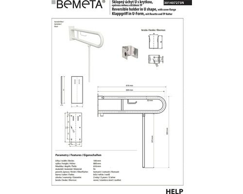 Technický nákres bieleho sklopného držadla v tvare U s rozetou a držiakom z nehrdzavejúcej ocele