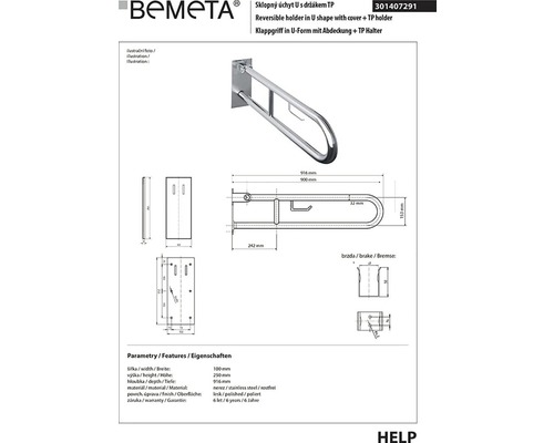 Bemeta sklopné madlo v tvare U s krytom a držiakom toaletného papiera, technický výkres