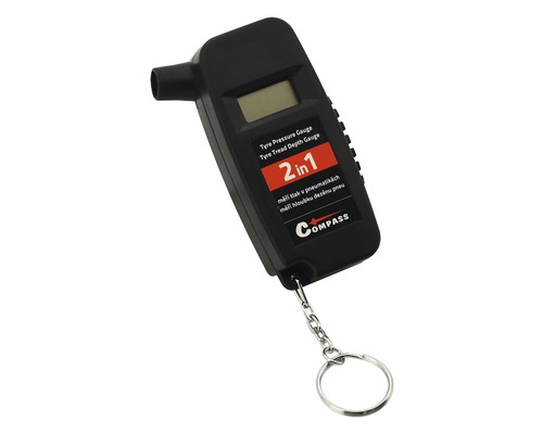 Merač tlaku v pneumatikách a hĺbkomer dezénu s krúžkom na kľúče