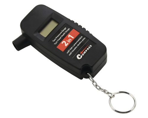 Merač tlaku v pneumatikách a hĺbky dezénu s krúžkom na kľúče