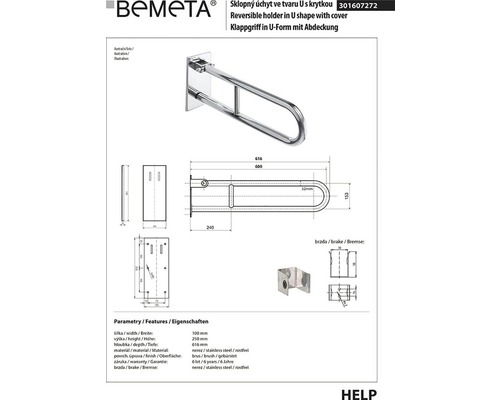 Bemeta sklopná rukoväť U tvaru s krytkou technický nákres