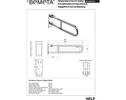 Bemeta sklopné držadlo v tvare U s krytkou technický nákres