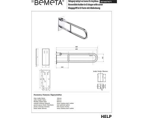 Sklopná rukoväť v tvare U s krytkou Bemeta, technický výkres