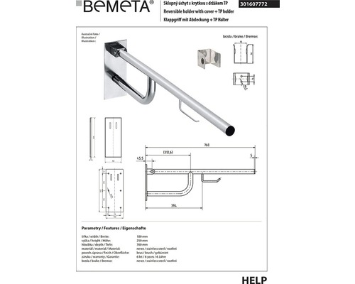 Sklopné držadlo s krytkou a držiakom toaletného papiera z nehrdzavejúcej ocele s rozmermi
