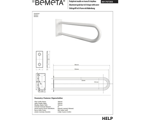 BEMETA Podperné madlo v tvare U s krytkou, technický nákres