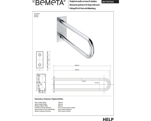Podperné madlo v tvare U s krytkou z nehrdzavejúcej ocele a technické výkresy