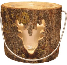 Drevený držiak na čajovú sviečku s motívom jeleňa a kovovou rukoväťou