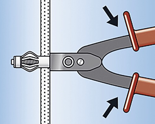Ilustrácia montáže hmoždinky do sadrokartónu pomocou klieští
