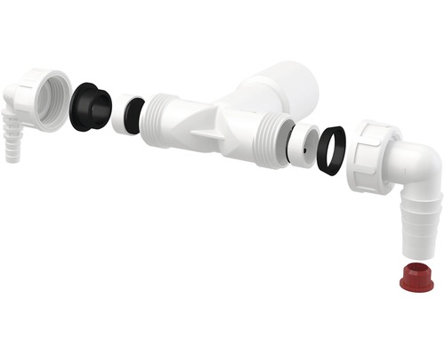 Rozložený pohľad na plastový spojovací diel k bazénu s tesneniami a kolienkami