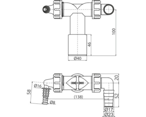 Technický nákres sanitárneho T-kusa s rozmermi