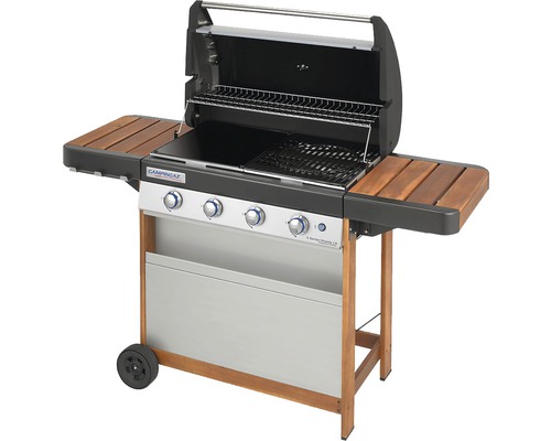 Plynový gril so štyrmi horákmi, bočnými stolíkmi a grilovacím roštom