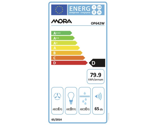 Energetický štítok Mora OP642W s triedou energetickej účinnosti D, spotrebou energie 79.9 kWh ročne a hlučnosťou 65 decibelov.