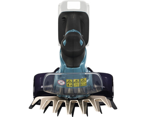 Pohľad zhora na akumulátorové nožnice na trávu s ochranným štítom a výstražnými symbolmi