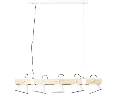 Závesná lampa s piatimi svietidlami na drevenom tráme