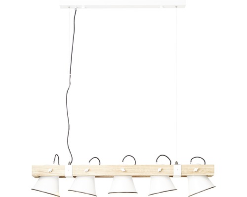 Závesná lampa s piatimi svetlami a dreveným trámom