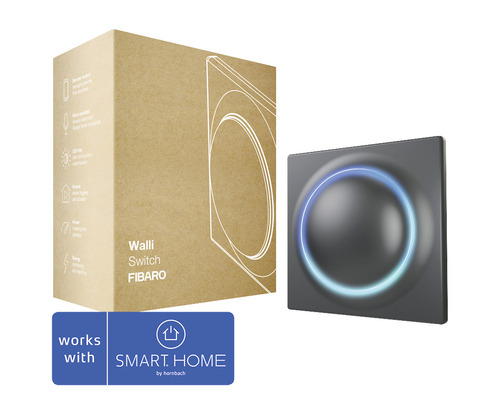 Vypínač Fibaro Walli FGWDSEU-221B s funkciou zosilňovača pre ovládanie jedného alebo dvoch svetelných zdrojov, antracit - kompatibilný so SMART HOME by hornbach Walli Switch od Fibaro s obalom produktu a logom Smart Home by Hornbach