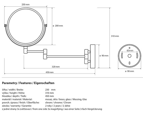 Technický nákres nástenného zrkadla s rozmermi.