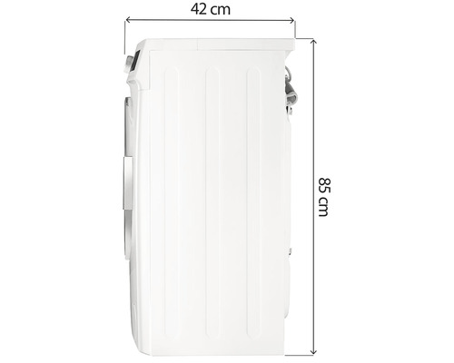 Bočný pohľad na práčku s rozmermi 42 cm hĺbky a 85 cm výšky