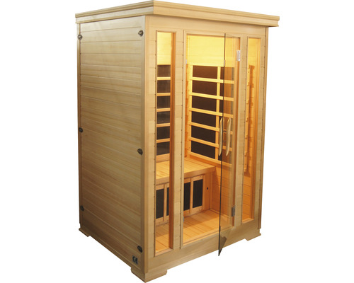 Drevená sauna so sklenenými dverami a vnútorným osvetlením