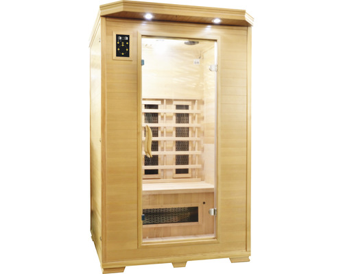 Infračervená sauna so sklenenými prvkami a ovládacím panelom