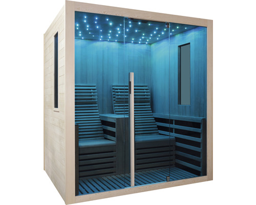 Interiér sauny s dvomi ležadlami a hviezdnou oblohou