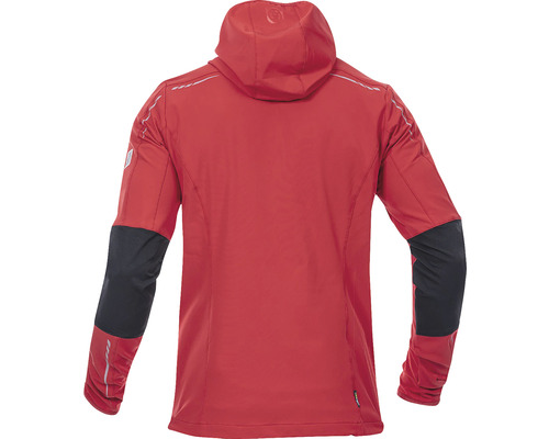 Pohľad zozadu na červenú funkčnú bundu s kapucňou a dlhými rukávmi