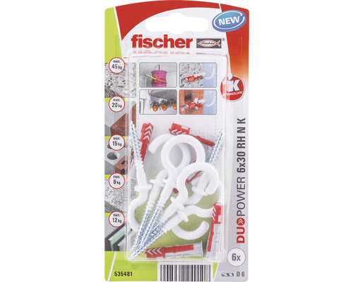 Hmoždinky Fischer DuoPower 6 x 30 milimetrov s hákovými skrutkami, balenie 6 kusov