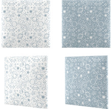 Štyri vzorky látok s vesmírnymi motívmi, ako sú rakety a planéty