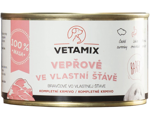 Konzerva pre psov a mačky Vetamix bravčové vo vlastnej šťave 400 g