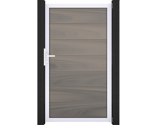 Záhradná bránka s dreveným vzhľadom a bielym rámom