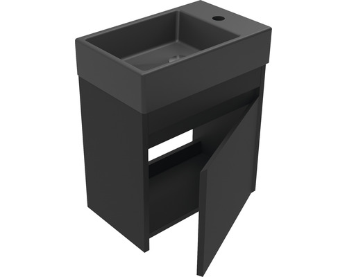 Skrinka pod umývadlo s umývadlom a otvorenými dverami