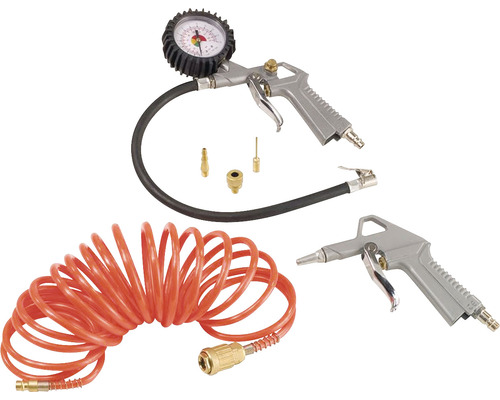 Sada hustilky pneumatík s manometrom, flexibilnou hadicou a rôznymi adaptérmi