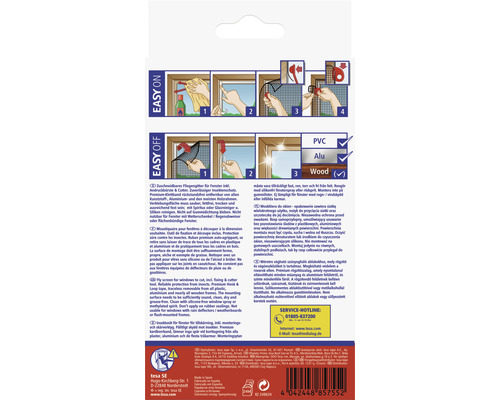 Sieť proti hmyzu Tesa pre okná s montážnym návodom a materiálovými informáciami.