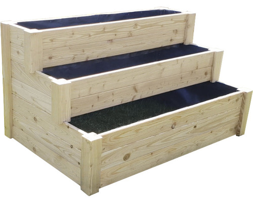 Trojúrovňový vyvýšený záhon z dreva do záhrady