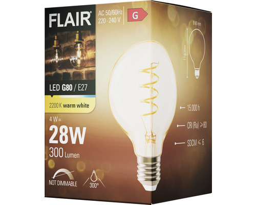 Balenie LED žiarovky Flair G80 s päticou E27, 2200 K teplá biela, 4 W zodpovedá 28 W, 300 lúmenov, nestmievateľná