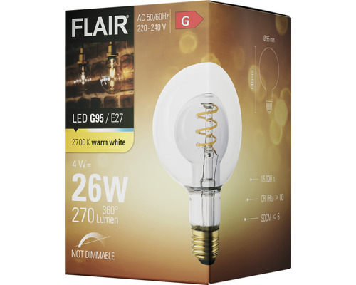 Balenie nestmievateľnej LED žiarovky Flair G95 E27 s 2700 kelvinmi teplá biela