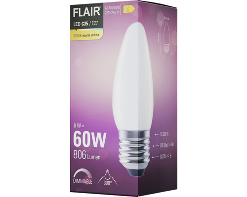 LED žiarovka FLAIR C35 E27, 6 W, teplá biela, stmievateľná