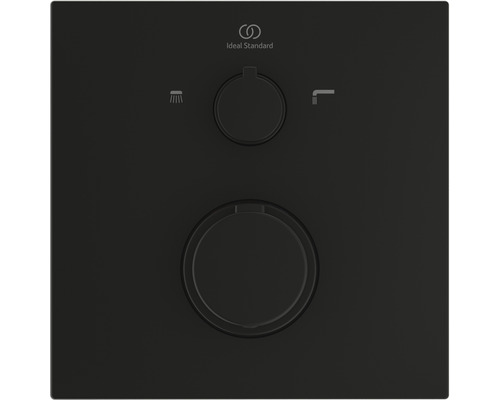 Logo Ideal Standard. Ovládací prvok sprchového systému s dvomi okrúhlymi gombíkmi na ovládanie sprchy a kohútika.