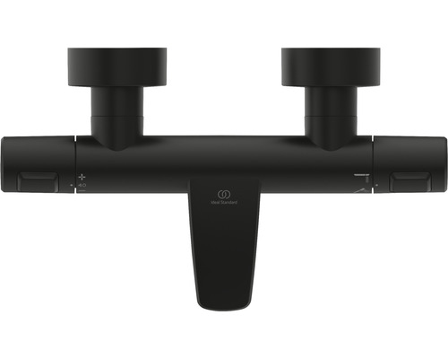 Logo Ideal Standard na čiernej sprchovej batérii