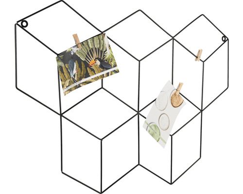 Dekoratívna nástenná memo tabuľa z čierneho kovového drôtu s pohľadnicami