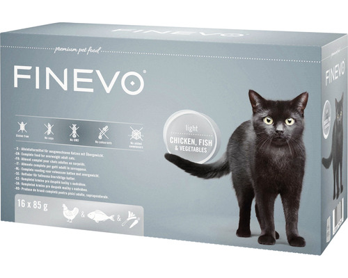Kapsička pre mačky Finevo Light Cat kuracie, ryba, mrkva 16 x 85 g FINEVO krmivo pre dospelé mačky s nadváhou, 16 krát 85 gramov