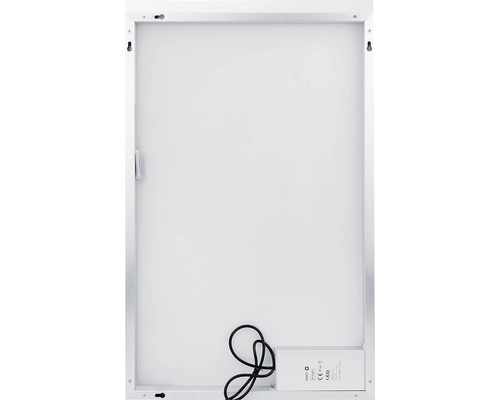 Zadná strana LED zrkadla so strieborným rámom a čiernym káblom