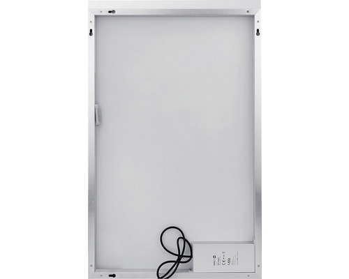 Zadná strana LED zrkadla so strieborným rámom a napájacím káblom