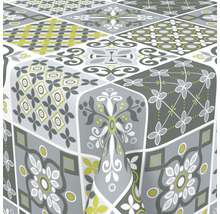 Obrus s geometrickými a kvetinovými vzormi v rôznych odtieňoch šedej a žltej