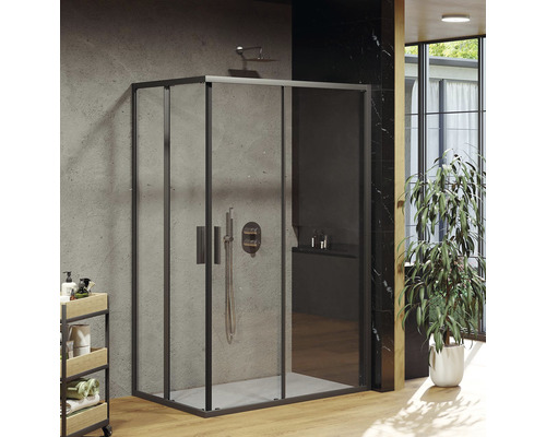 Jedna strana sprchového kúta s rohovým vstupom RAVAK Blix Slim 120 cm farba rámu čierna dekor skla číre sklo X1XMG0300Z1