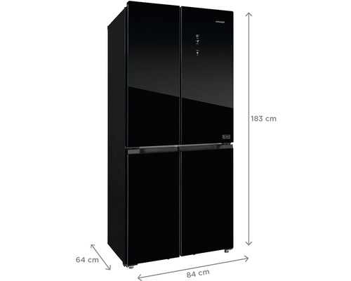 Čierna chladnička so štyrmi dverami s rozmermi 183 x 84 x 64 cm.