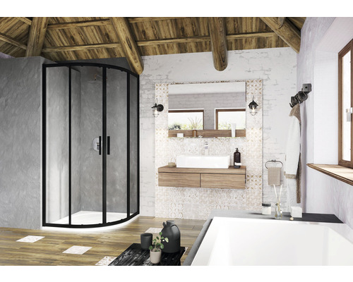 Kúpeľňa so sprchou, umývadlom a vaňou v rustikálnom štýle